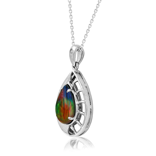 Ammolite Pear Shaped Nautilus Shell Pendant with Diamond Accent