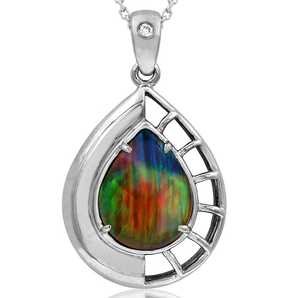 Ammolite Pear Shaped Nautilus Shell Pendant with Diamond Accent