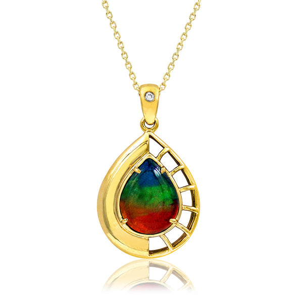 Ammolite Pear Shaped Nautilus Shell Pendant with Diamond Accent