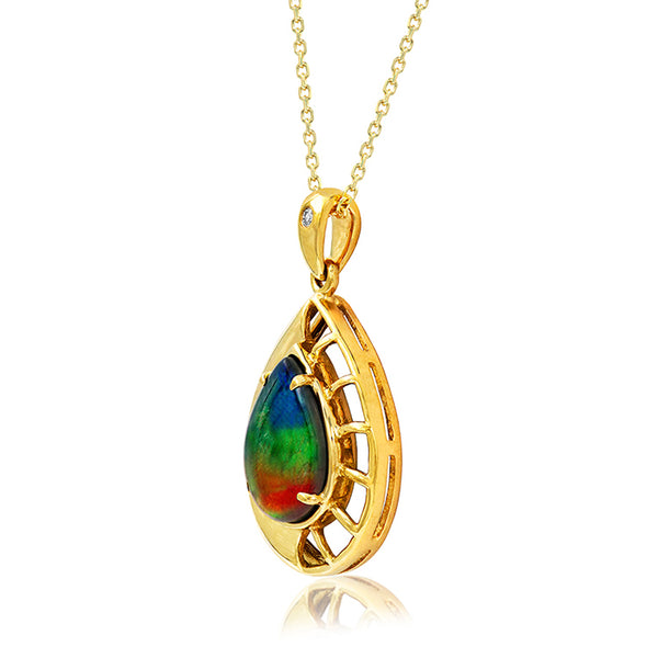 Ammolite Pear Shaped Nautilus Shell Pendant with Diamond Accent