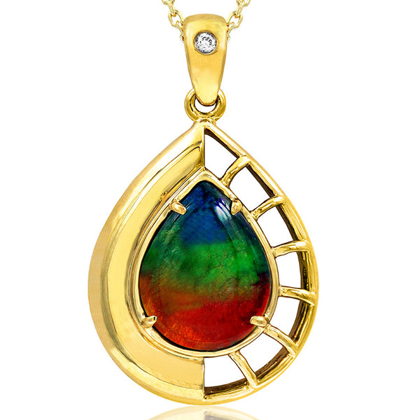 Ammolite Pear Shaped Nautilus Shell Pendant with Diamond Accent