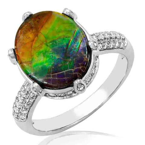 Ammolite Oval Shape Ring with Diamond Accent