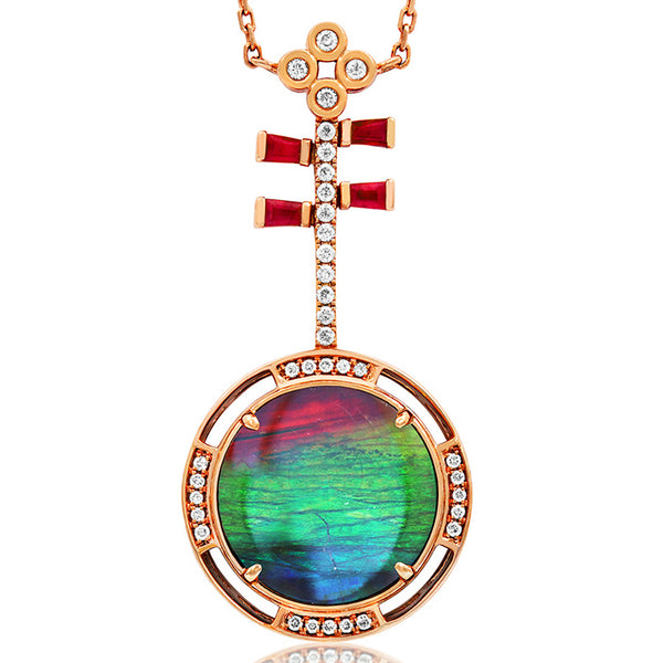 Ammolite Round Shape Pendant with Diamond and Gemstone Accent