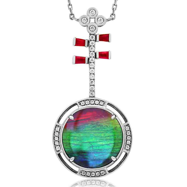 Ammolite Round Shape Pendant with Diamond and Gemstone Accent