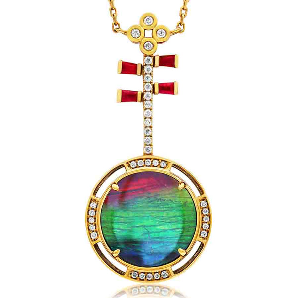 Ammolite Round Shape Pendant with Diamond and Gemstone Accent