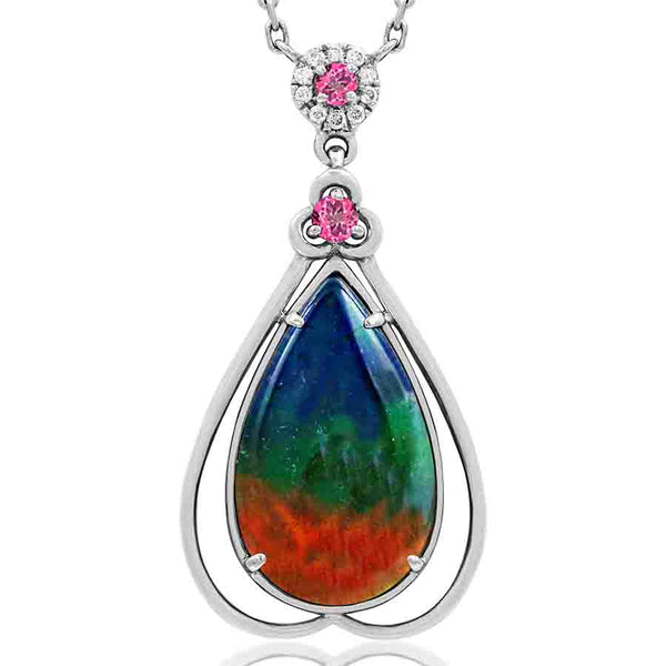 Ammolite Pear Shape Pendant with Gemstone and Diamond Accent