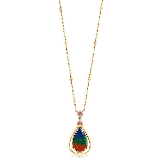 Ammolite Pear Shape Pendant with Gemstone and Diamond Accent