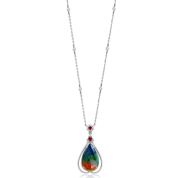 Ammolite Pear Shape Pendant with Gemstone and Diamond Accent