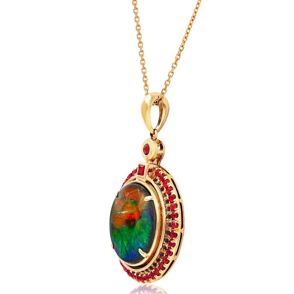 Ammolite Round Shape Pendant with Gemstone Accent