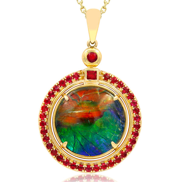 Ammolite Round Shape Pendant with Gemstone Accent