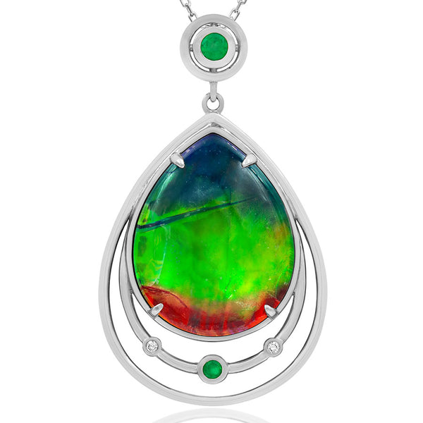 Ammolite Pear Shape Pendant with Emerald Accent