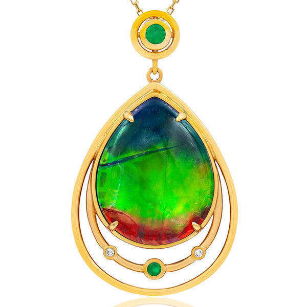 Ammolite Pear Shape Pendant with Emerald Accent