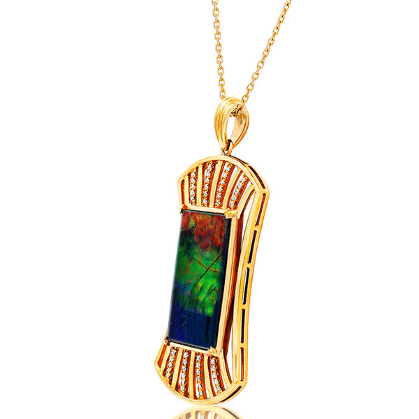 Ammolite Square Shape Pendant with Diamond Accent