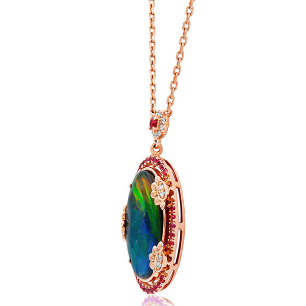 Ammolite Oval Shape Floral Pendant with Diamond and Gemstone Accent
