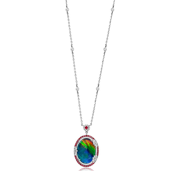 Ammolite Oval Shape Floral Pendant with Diamond and Gemstone Accent