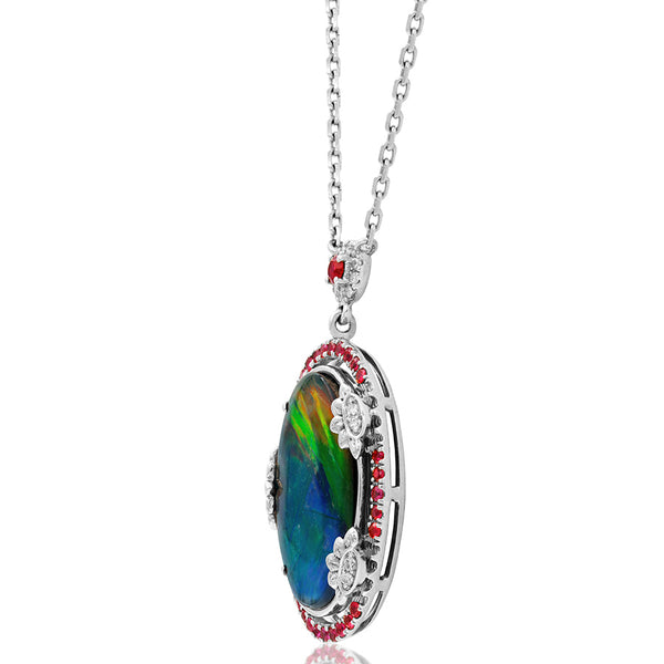 Ammolite Oval Shape Floral Pendant with Diamond and Gemstone Accent