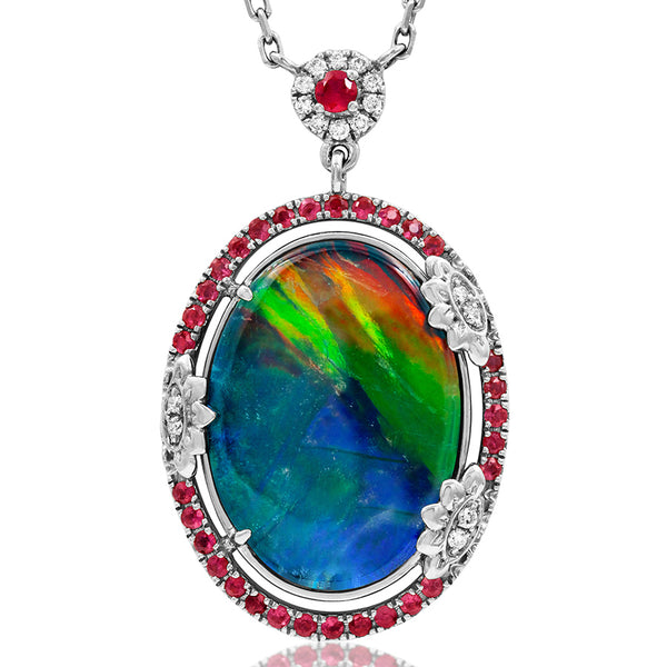 Ammolite Oval Shape Floral Pendant with Diamond and Gemstone Accent