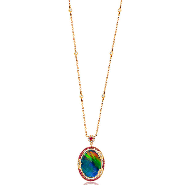 Ammolite Oval Shape Floral Pendant with Diamond and Gemstone Accent