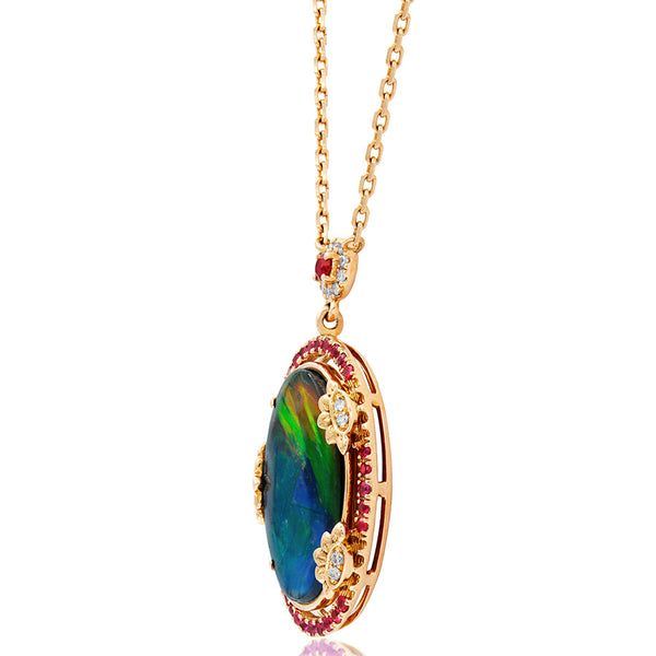 Ammolite Oval Shape Floral Pendant with Diamond and Gemstone Accent