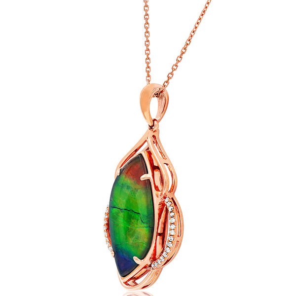 Ammolite Leaf Inspired Pendant with Diamond Accent