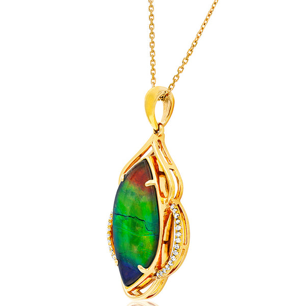 Ammolite Leaf Inspired Pendant with Diamond Accent