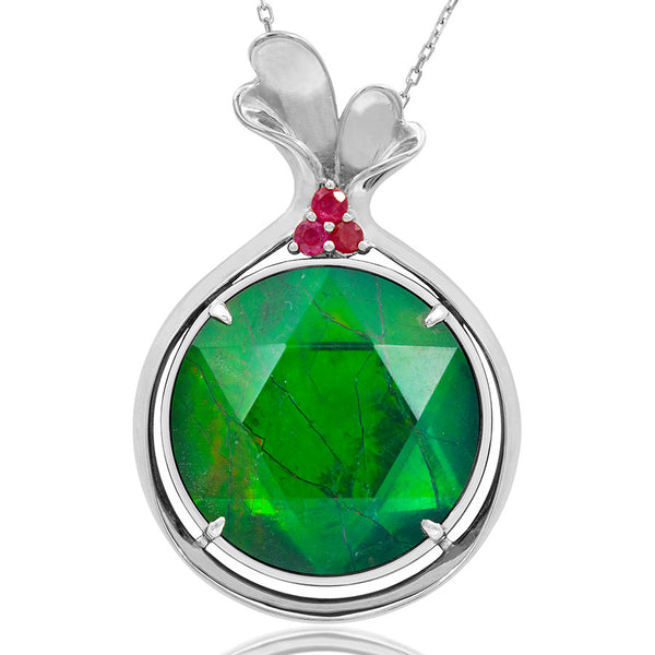 Ammolite Round Pendant with Ruby Accent