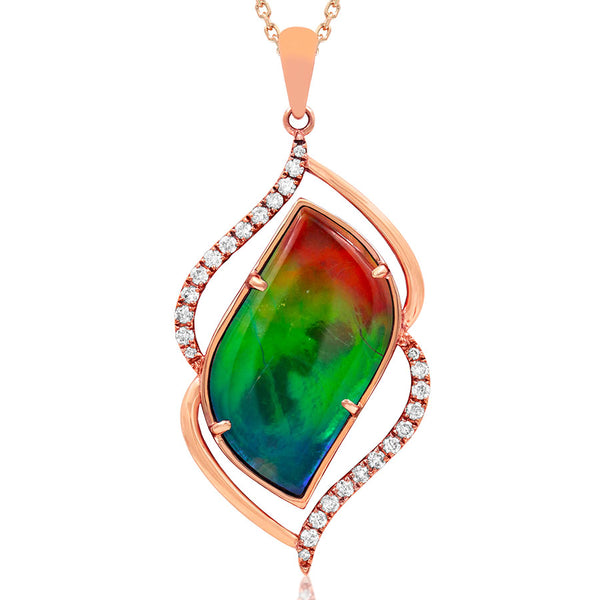 Ammolite Leaf Pendant with Diamond Accent
