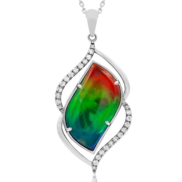 Ammolite Leaf Pendant with Diamond Accent
