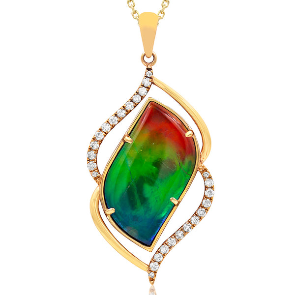 Ammolite Leaf Pendant with Diamond Accent